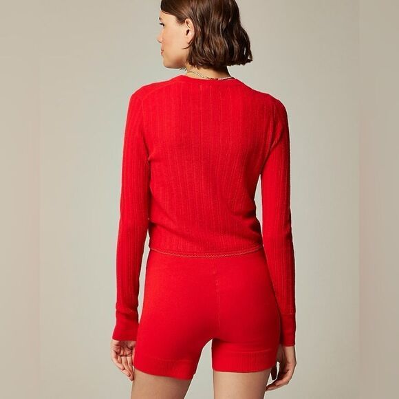 NWT J CREW Featherweight cashmere pointelle shrunken cardigan sweater in red - Picture 3 of 11